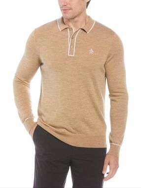 NWT Original Penguin Tan Long-Sleeve Polo with Contrast Trim